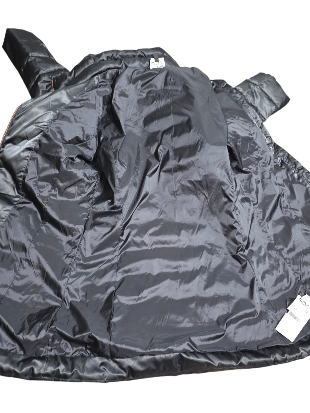EA7 Emporio Armani Black Down Puffer Coat XL Long Quilted Jacket Rose Gold Zip - Picture 5 of 12